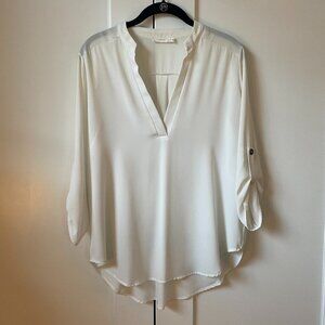 White Lush V-Neck Tunic Blouse with Roll Tab Sleeves (Medium)